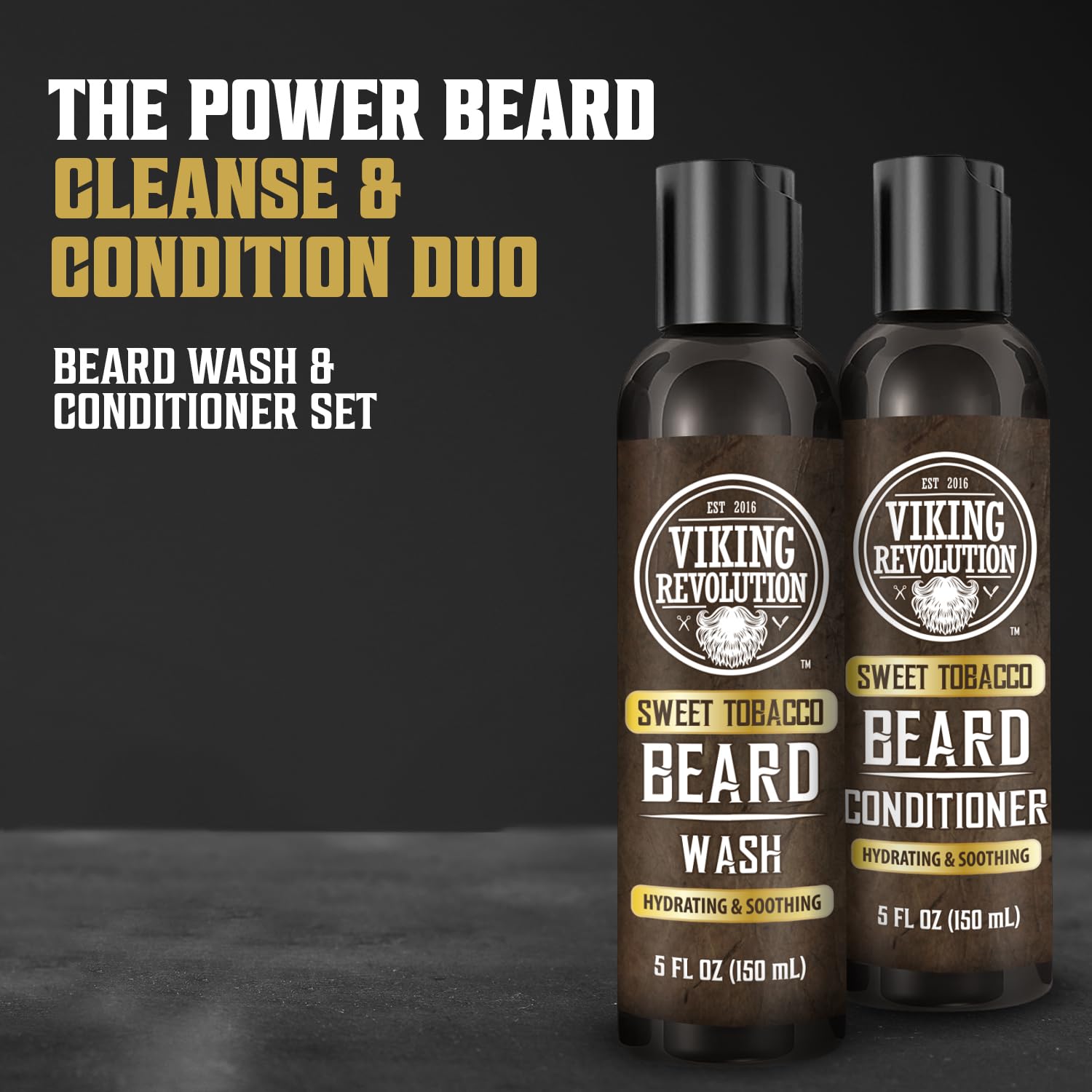 A pair of Beard Wash & Conditioner - Sweet Tobacco 5oz bottles set against a dark background, ideal for elevating your beard care regimen.