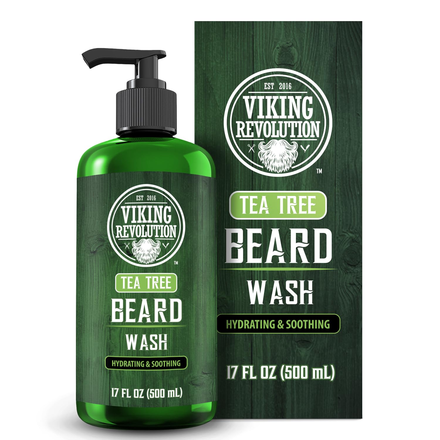 Tea Tree Beard Wash 17 oz bottle beside its packaging for beard care.