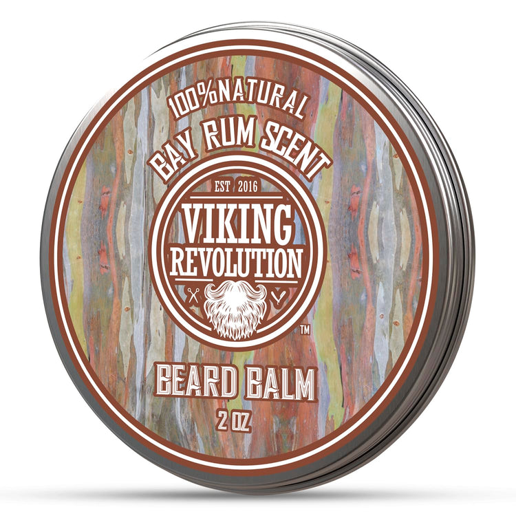 Round tin of Beard Balm by Viking Revolution, featuring a Bay Rum Scent and crafted with natural ingredients for superior beard conditioning.