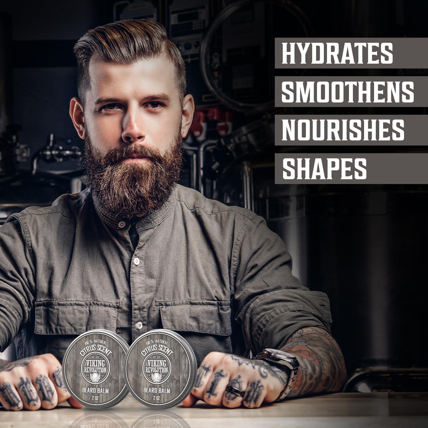 Man with beard at table with Citrus Beard Balm - 2 Pack; text reads Grooms, Smoothens, Nourishes, Shapes.