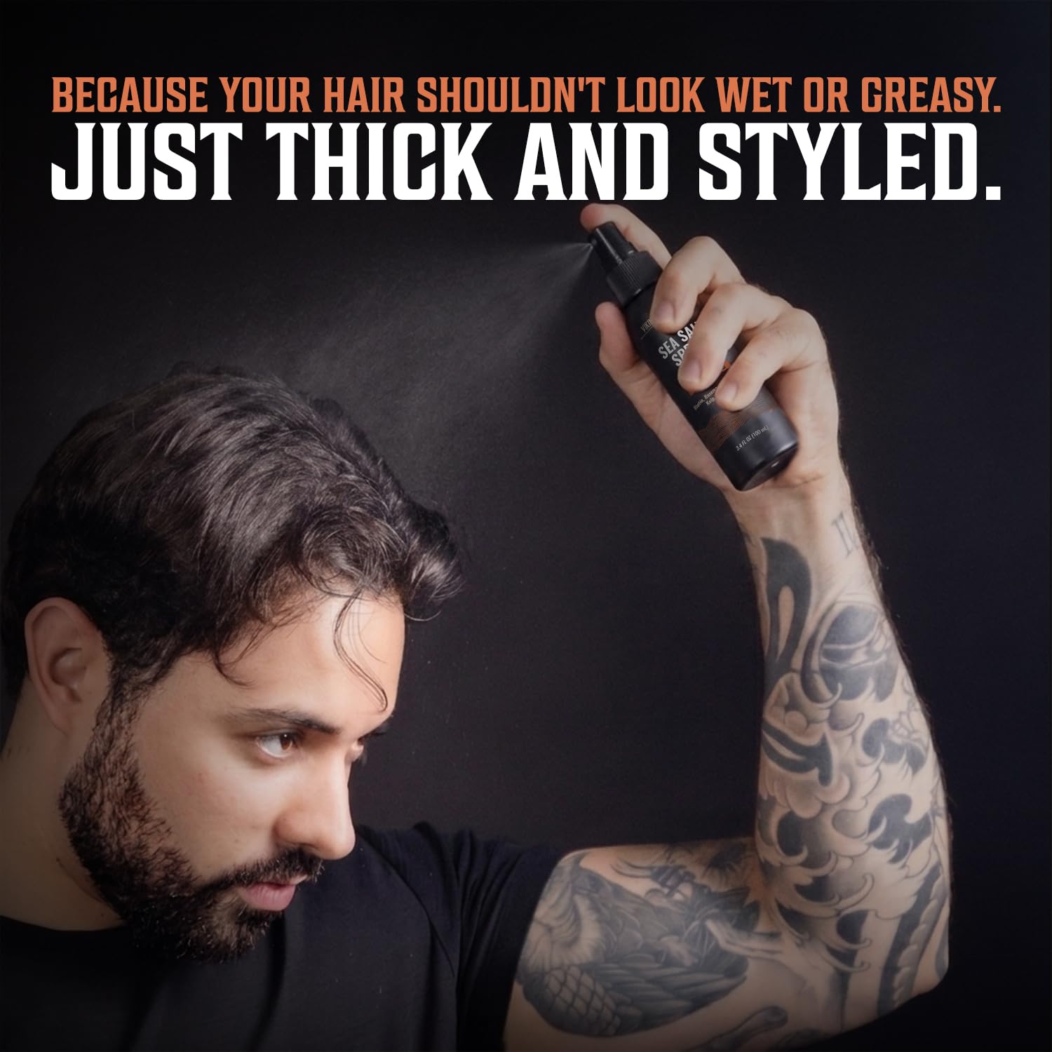 Man uses Sandalwood Sea Salt Spray; hair appears fuller, styled, not greasy—light hold, fresh scent.
