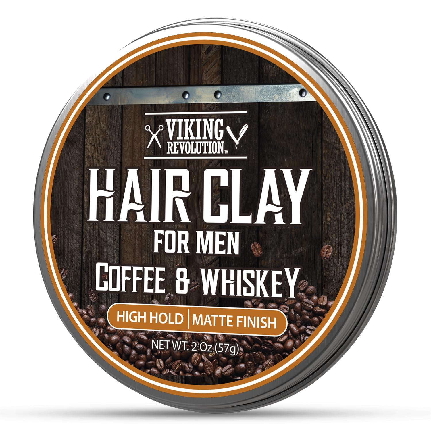 A tin of Hair Clay - Coffee & Whiskey, high hold matte finish for men by Viking Revolution.