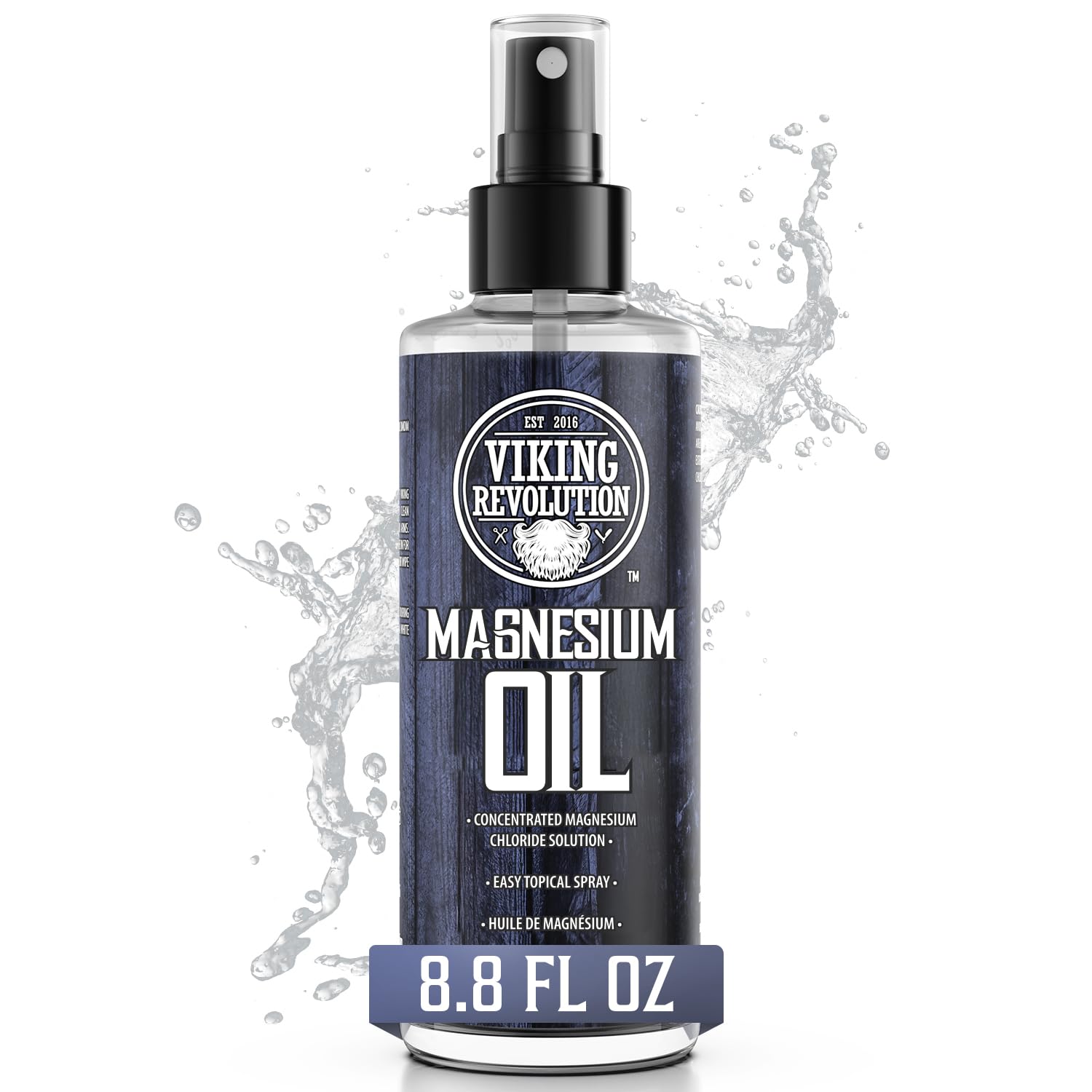 Magnesium Oil (8.8 fl oz) with water splashes in the background.