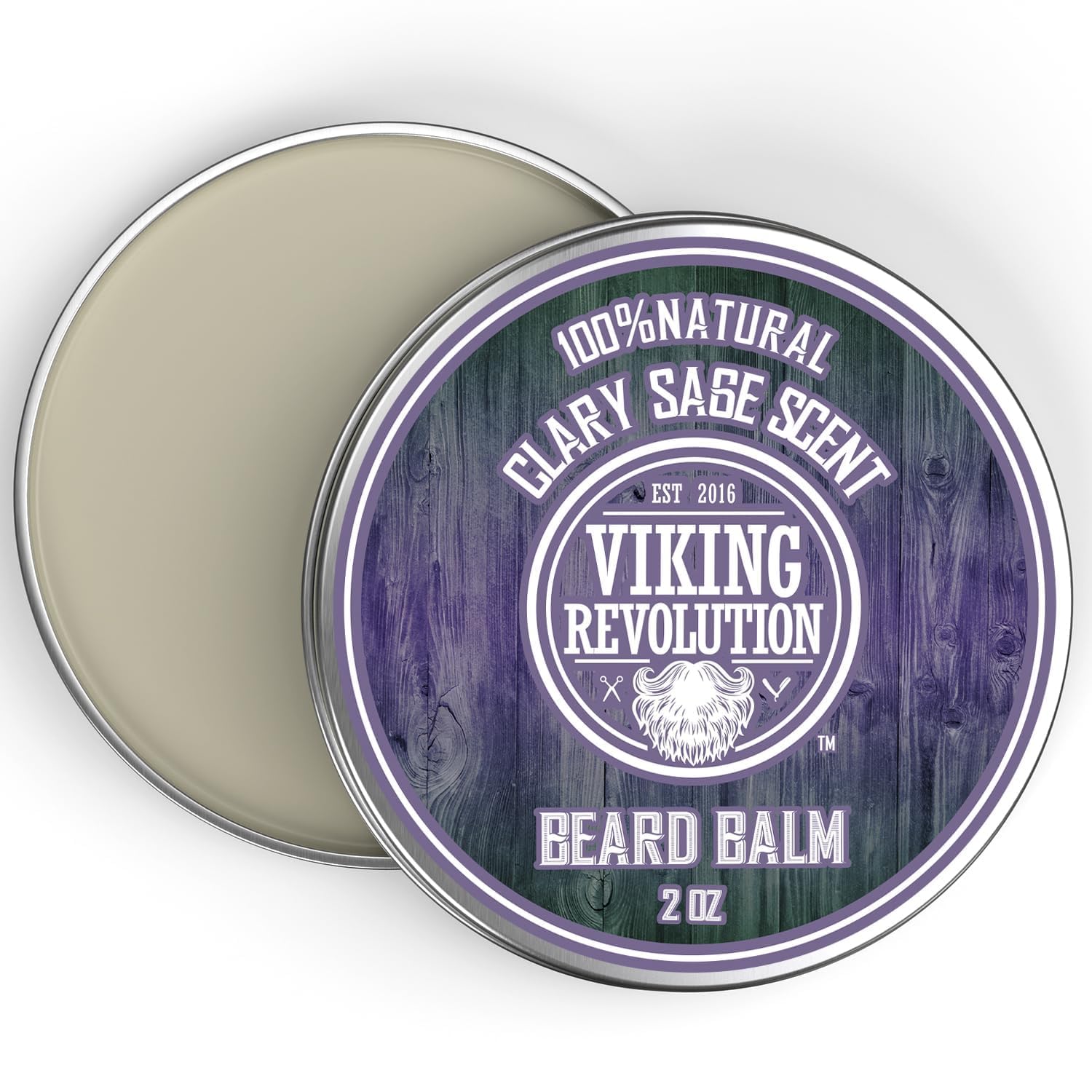 Clary Sage Beard Balm (2oz) tin, lid partially open, shows natural balm inside.