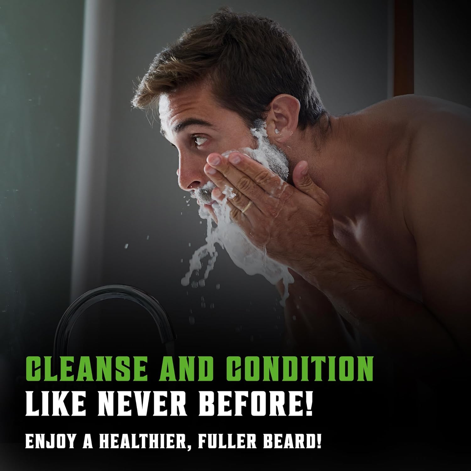 Man washing his face, highlighting Beard Brush and Comb Set with Wash & Conditioner (5 Oz each) benefits.