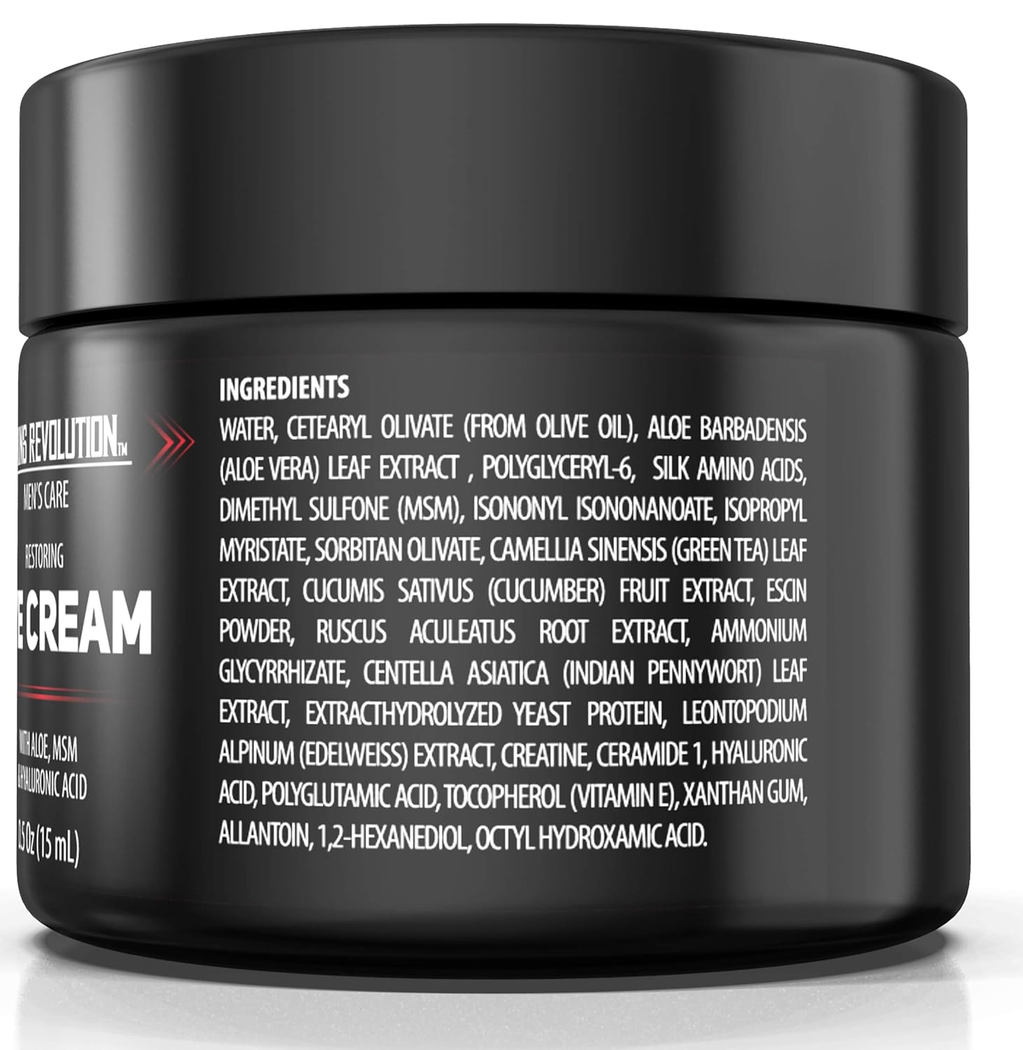 Black jar of Eye Cream for Men displays ingredient list in white text on the container’s side.