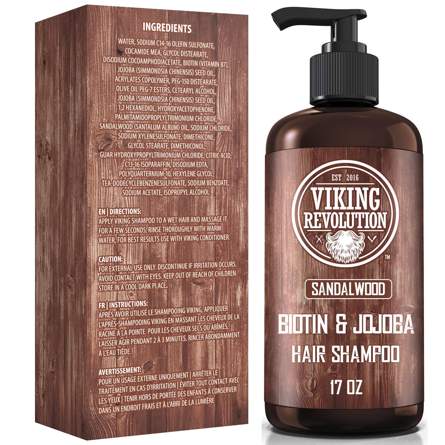 Brown bottle of Sandalwood Men's Shampoo with Biotin & Jojoba Oil, 17 oz, plus ingredients box.
