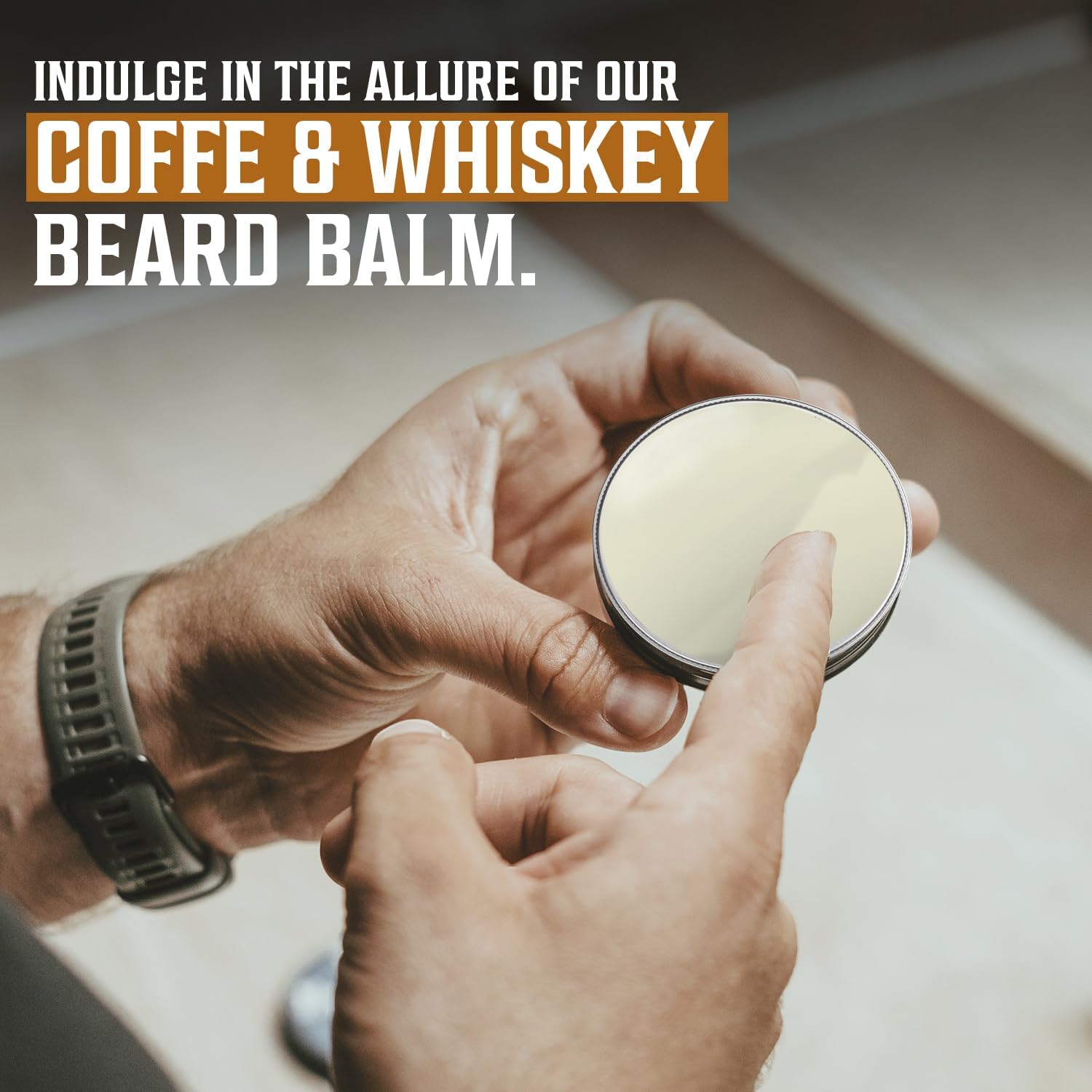 A person uses the Beard Grooming Kit - Coffee & Whiskey, promoting premium beard care products.