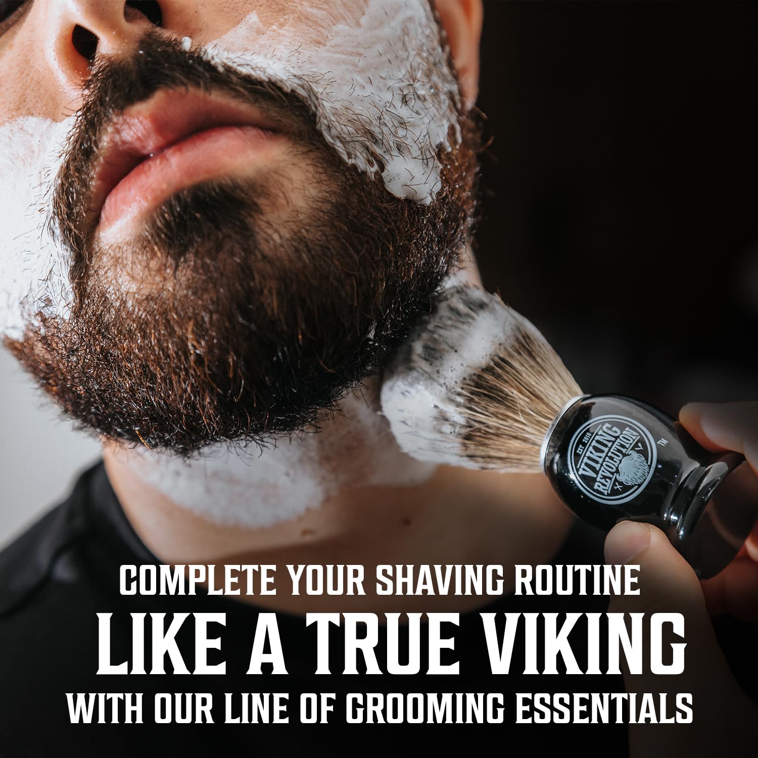 A man applies Spiced Vanilla Shaving Cream; text highlights rich lather and grooming essentials.