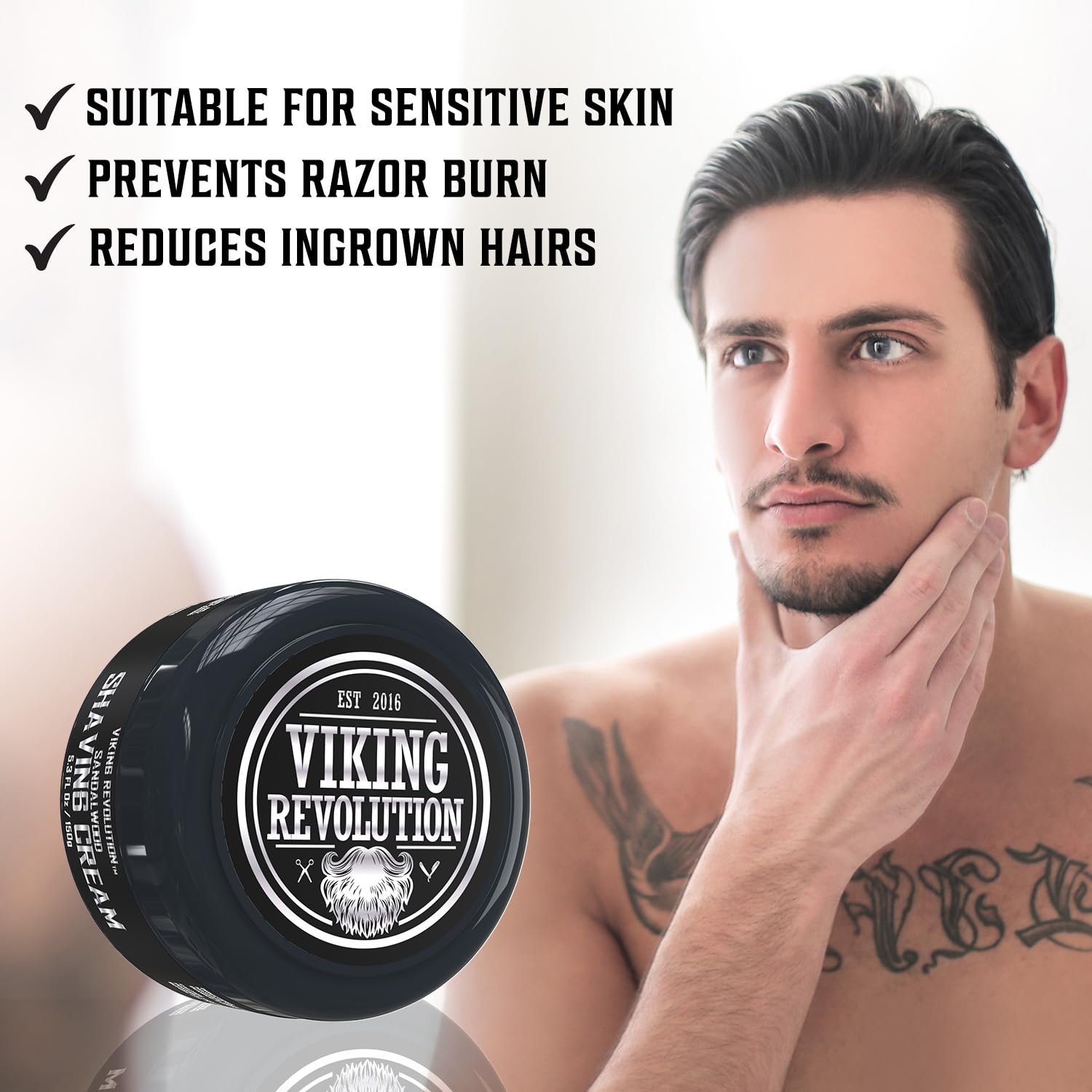 Man touching his face next to Sandalwood Shaving Cream (5.3oz); see key benefits above.
