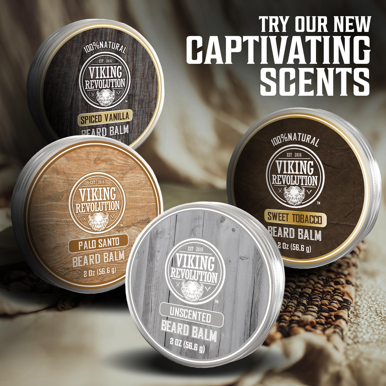 Four tins of Unscented Beard Balm (2oz)—discover the best in natural beard care.
