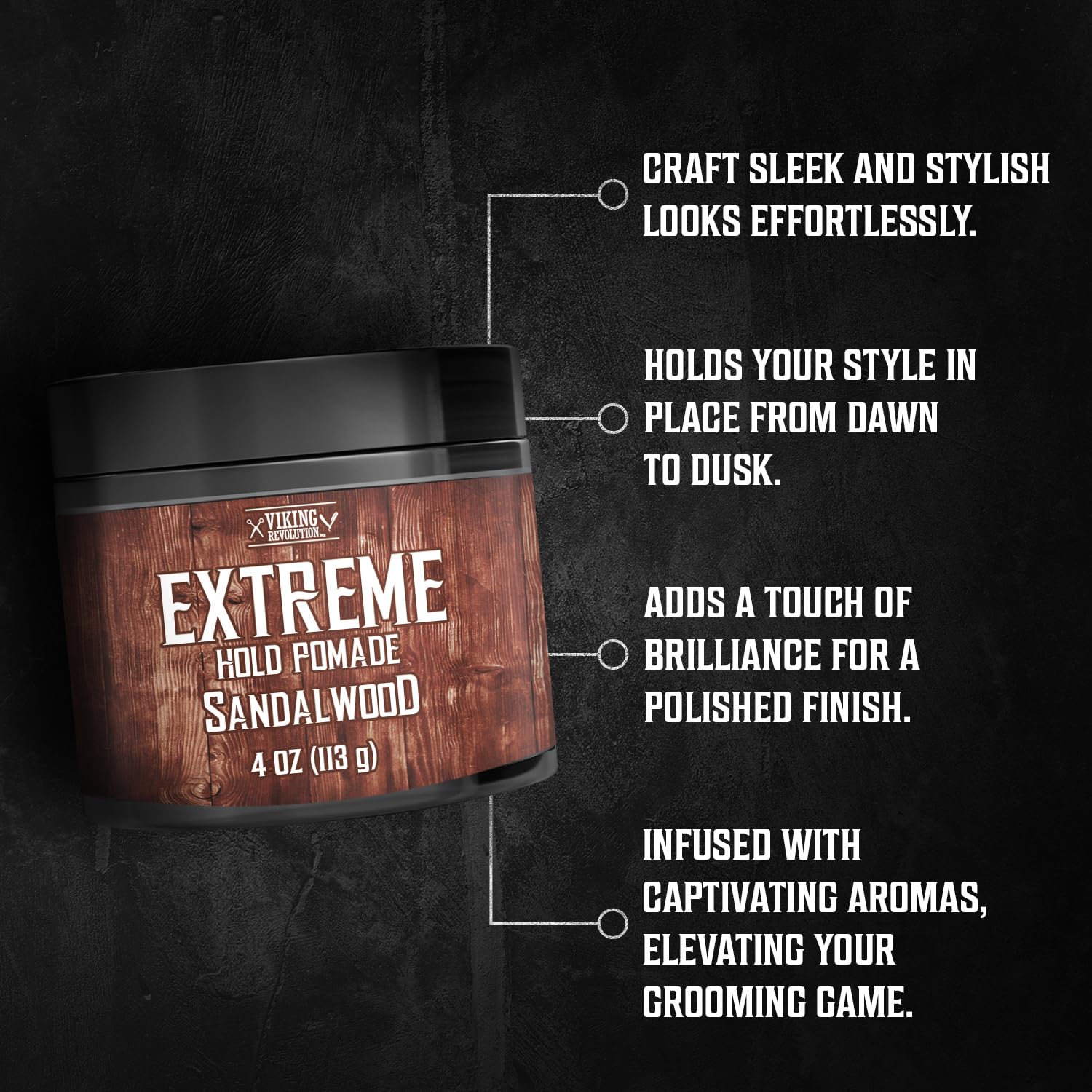 A jar of Sandalwood Hair Pomade (4 oz) with four features stands out on a black background.
