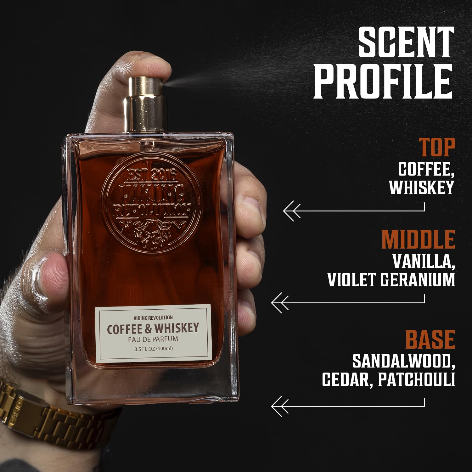 A hand sprays Coffee & Whiskey Perfume (3.5 fl oz); notes: coffee, whiskey, and sandalwood.