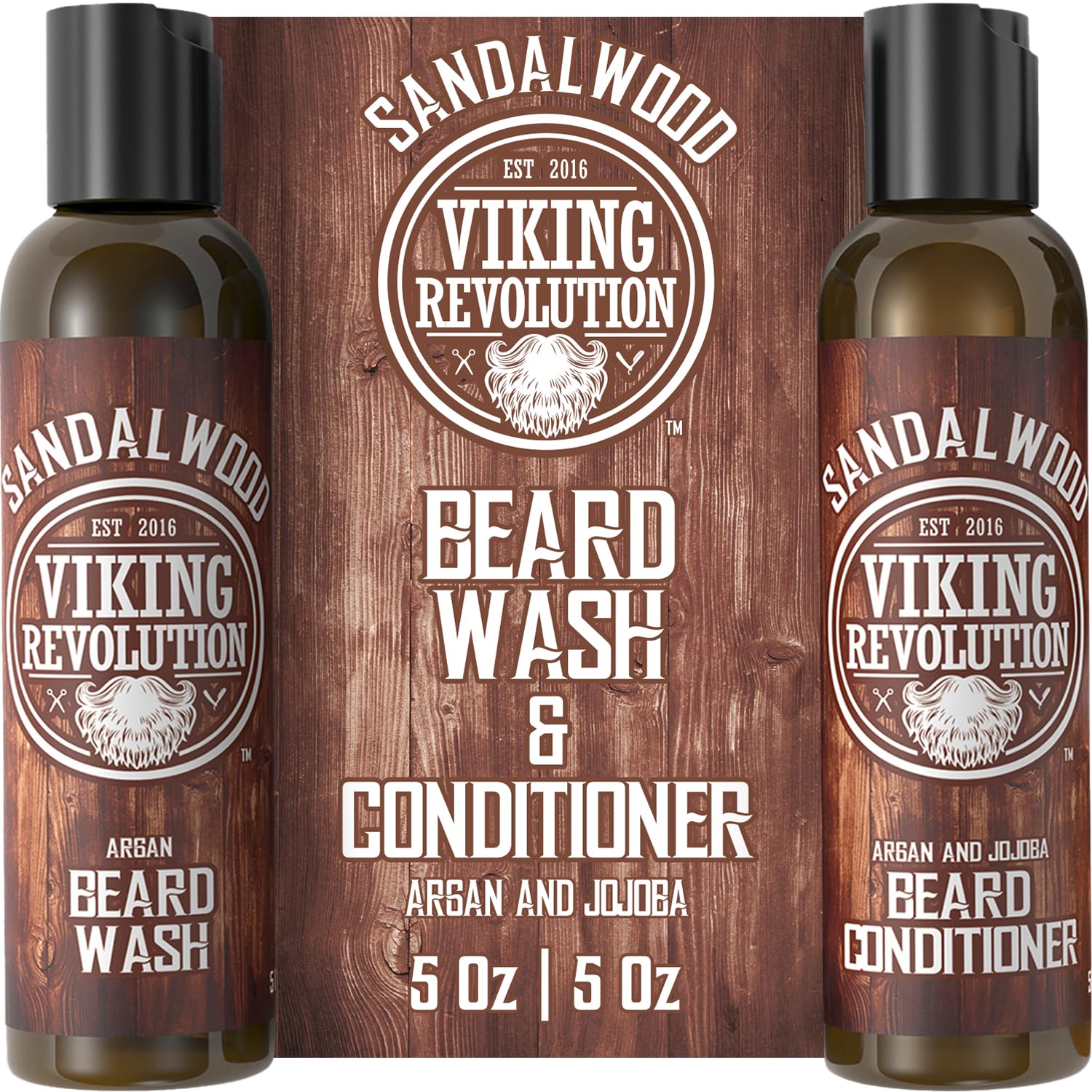 Two bottles of Sandalwood Beard Wash & Conditioner Set - 5oz on a wooden background.