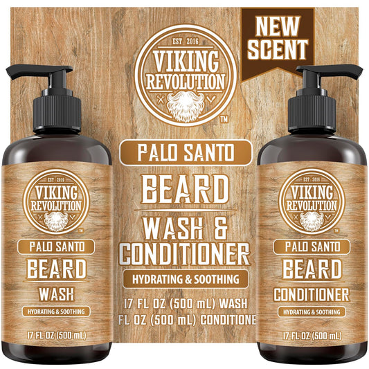 Palo Santo Beard Wash & Conditioner Set - 17oz by Viking Revolution for moisturizing facial hair naturally.