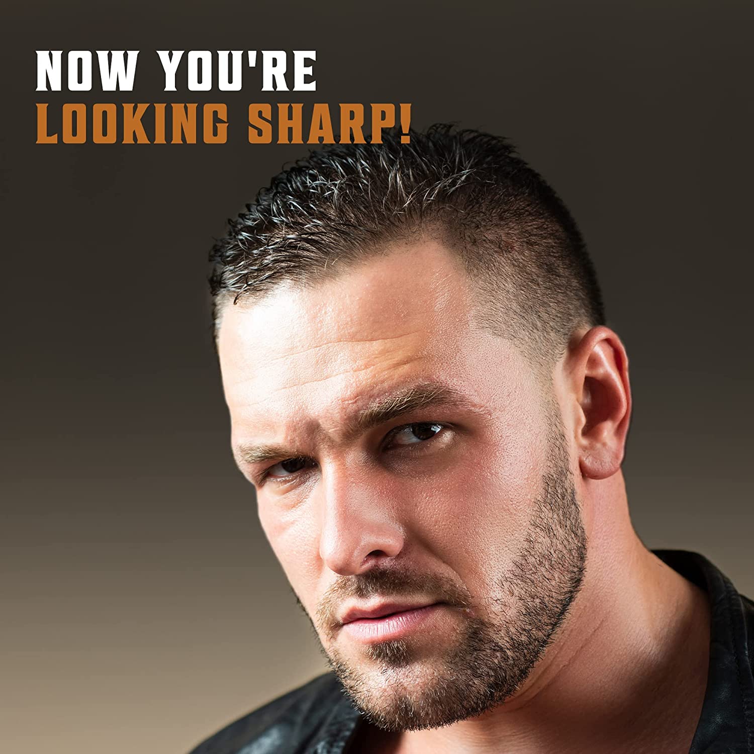 Man with short hair and beard, text reads Achieve a sharp look with Viking Revolutions precise shave!.