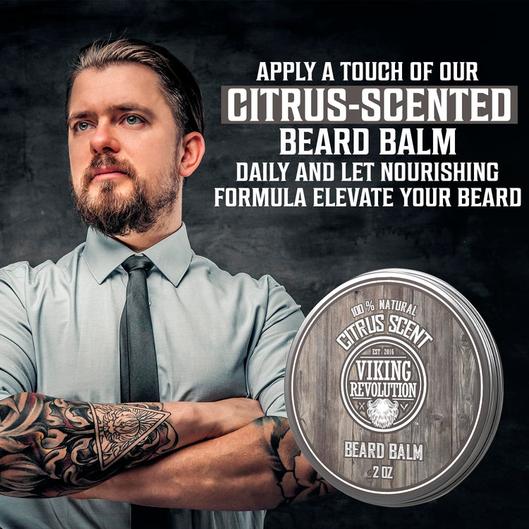 Tattooed man promoting Citrus Beard Balm, an all-natural balm for conditioning with a citrus scent.