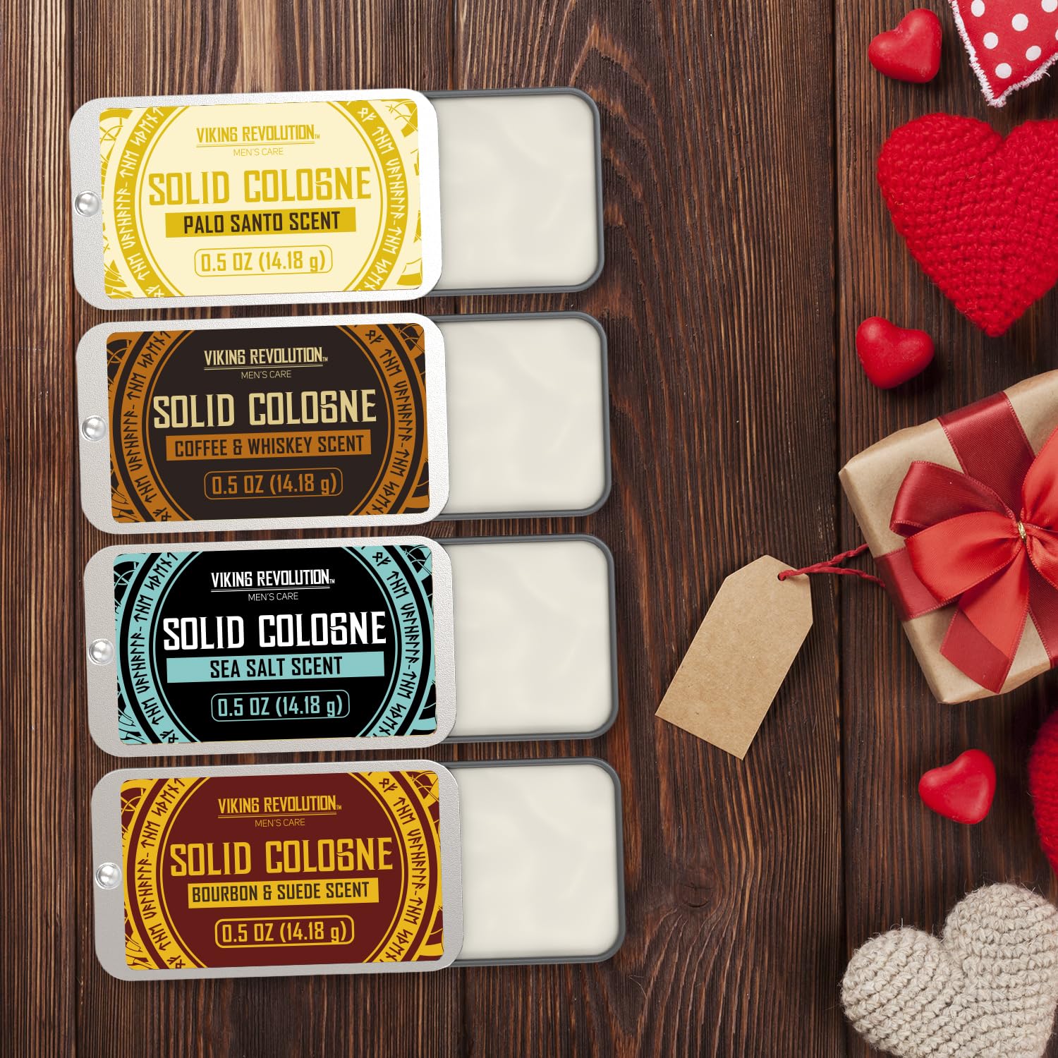 Viking Revolution 4 Pack Solid Cologne for Men—travel-size set with Coffee, Whiskey, Palo Santo & more.