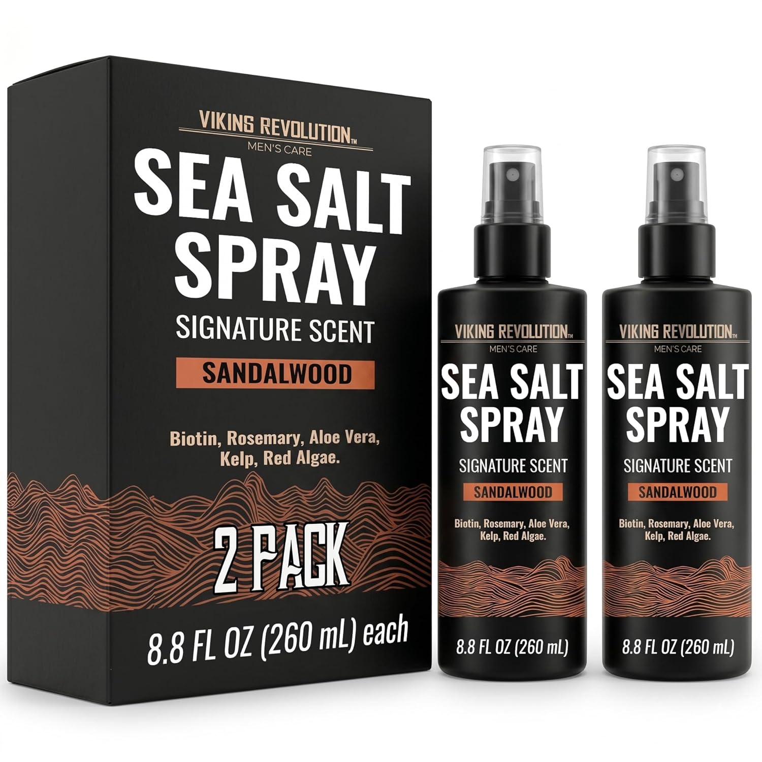 Viking Revolution Sea Salt Spray for Men, Sandalwood, 8.8 fl oz, biotin & botanicals, 2-pack.