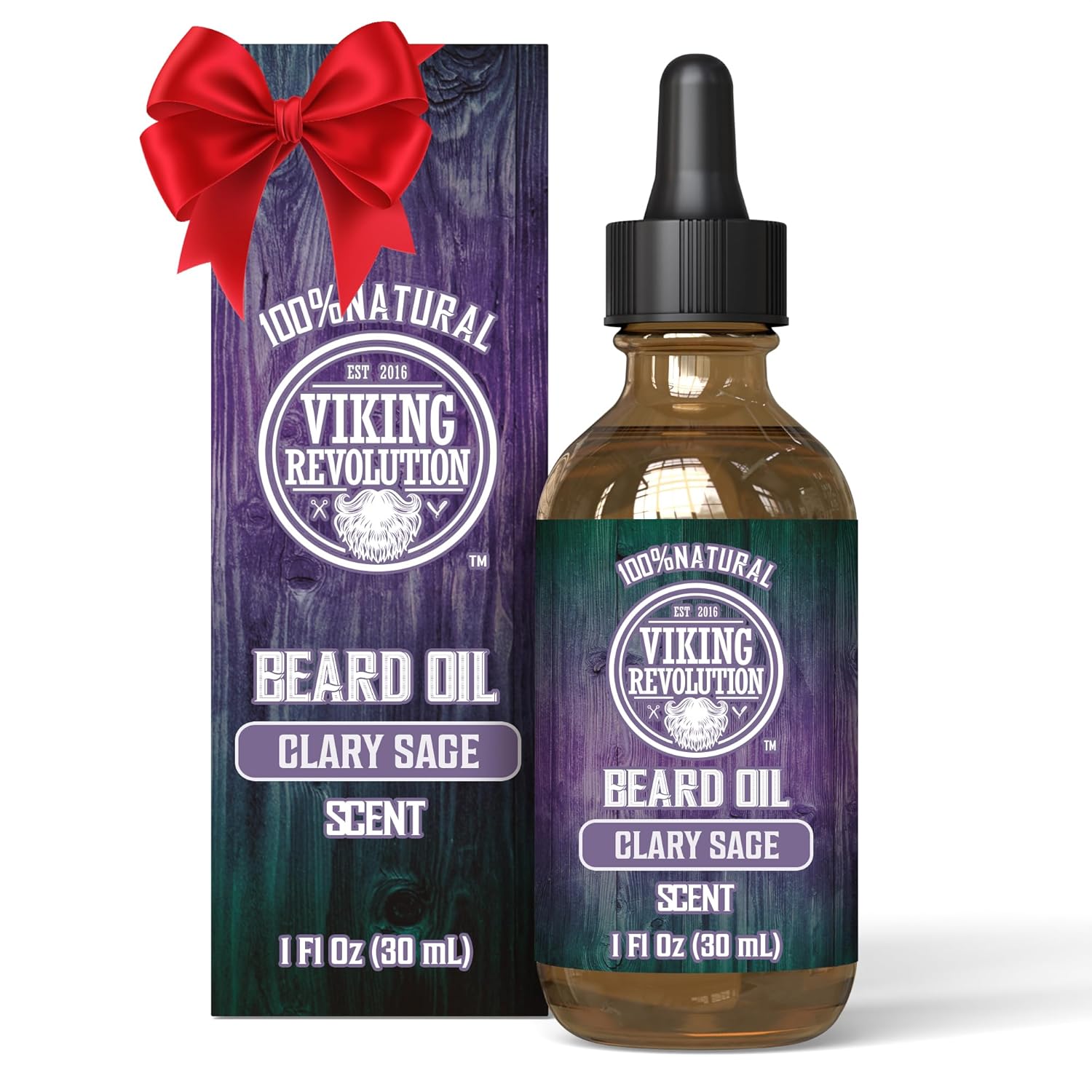 Clary Sage Beard Oil bottle and box, with a red bow on the box.