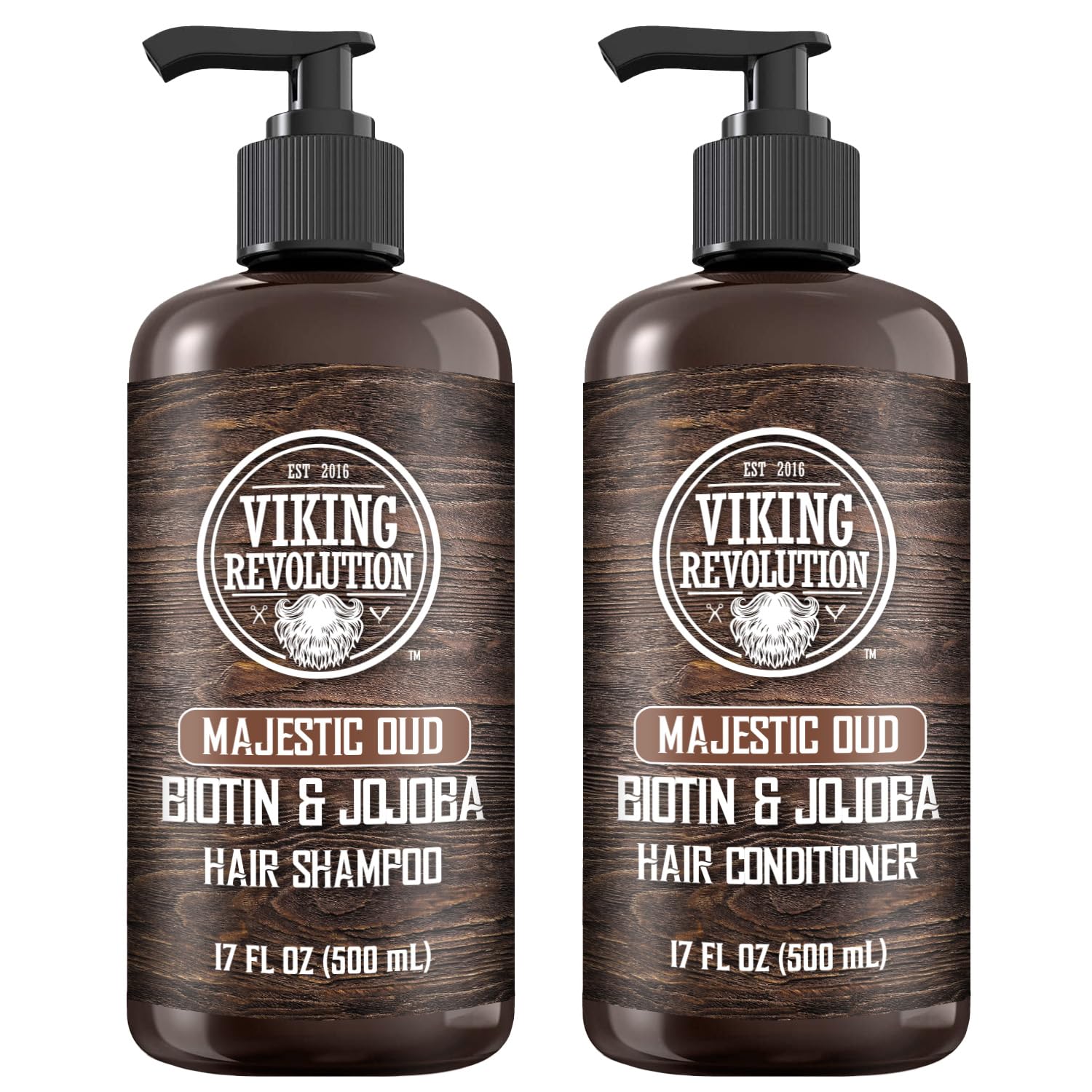 Two bottles of Majestic Oud Hair Shampoo & Conditioner, 17 oz each from Viking Revolution.