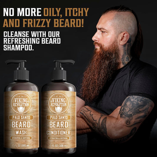 Tattooed bearded man next to Viking Revolutions 17oz Palo Santo Beard Wash & Conditioner set on dark background.