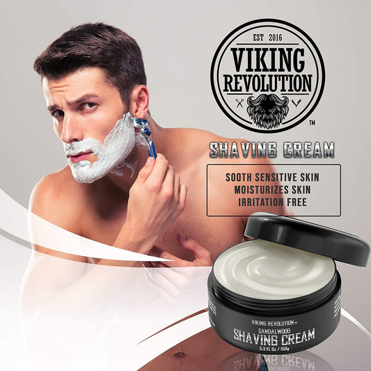 Man using Viking Revolution - Sandalwood Shaving Cream 5.3oz. Text: Experience a smooth shave with natural sandalwood oils for irritation-free comfort on sensitive skin.