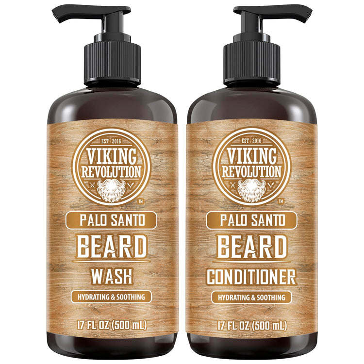 Two Palo Santo Beard Wash & Conditioner Set bottles, ideal for beard care, 17oz each.