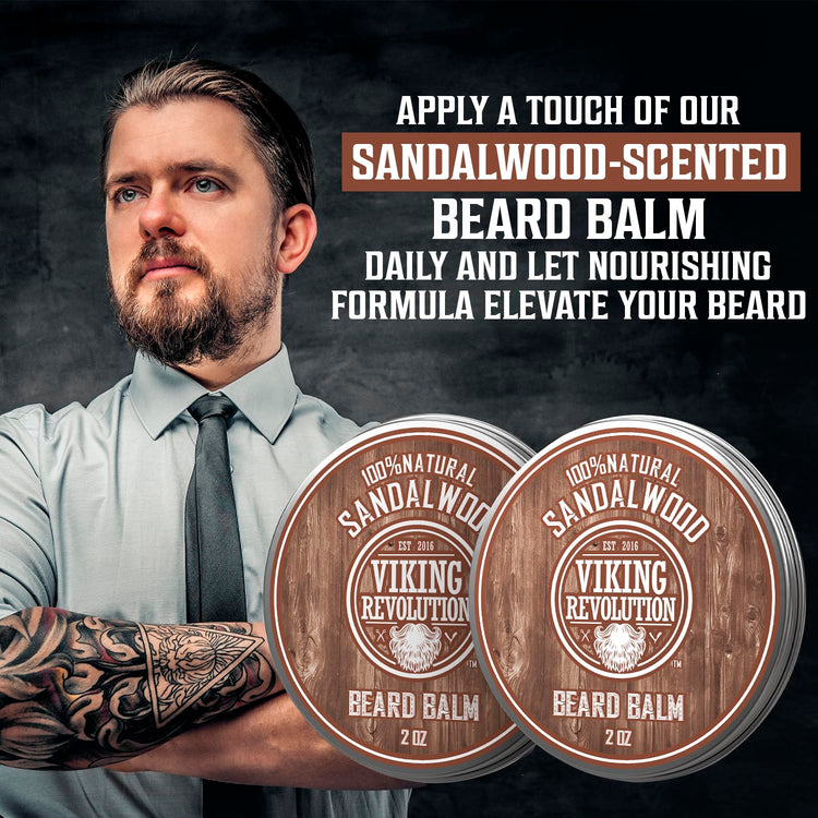 A bearded man stands proudly beside the Sandalwood Beard Balm - 2 Pack, infused with organic Argan oil, embodying the essence of premium beard care.