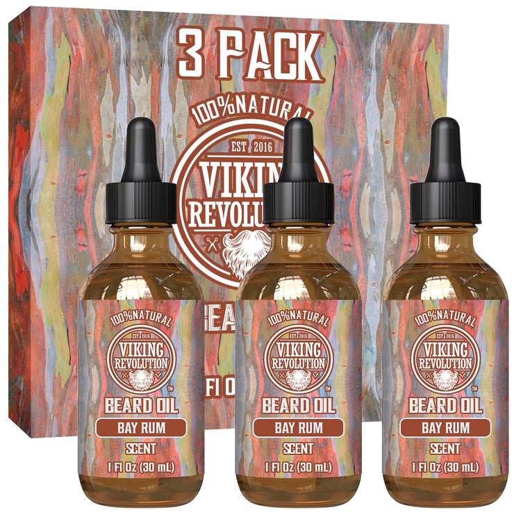 Three bottles of Bay Rum Beard Oil - 3 Pack 1oz showcase natural beard care packaging.