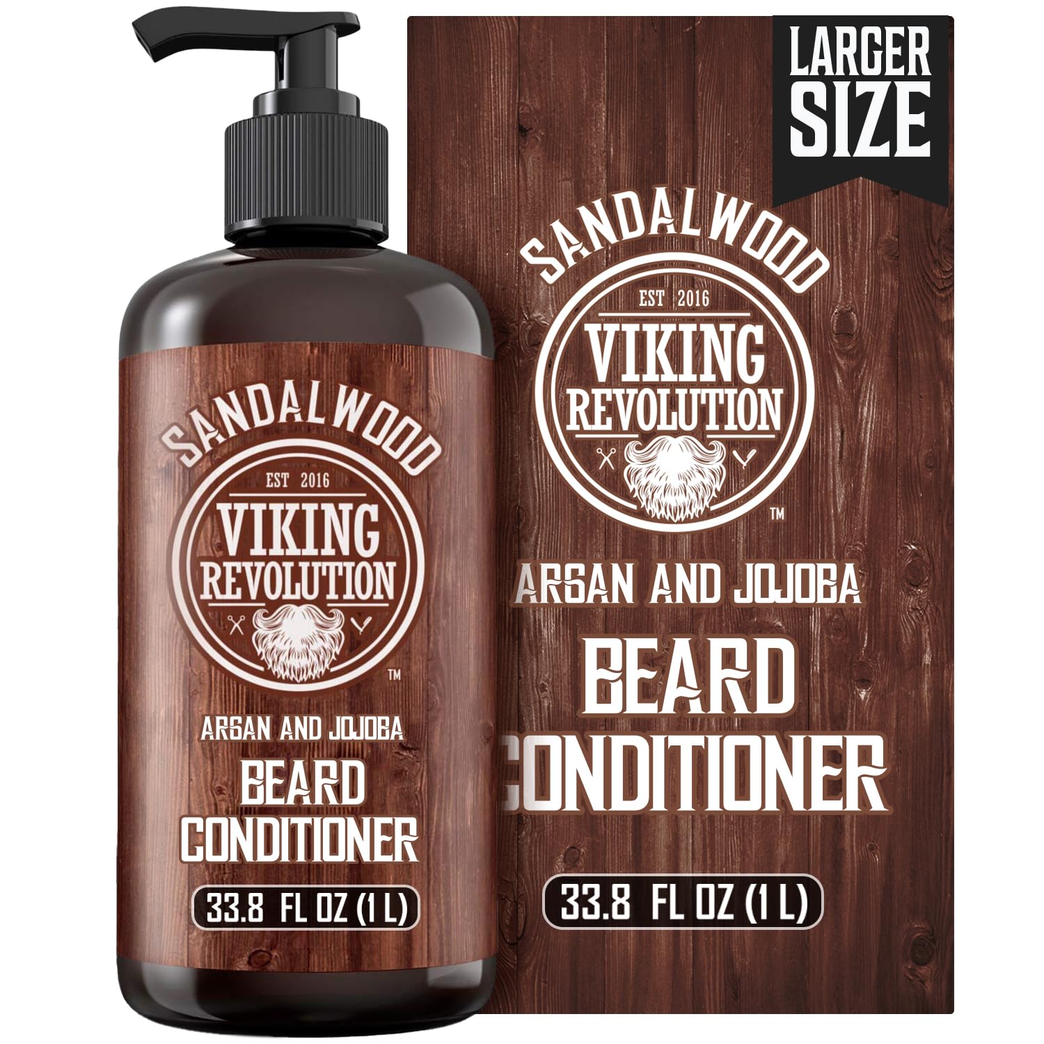 Sandalwood Beard Conditioner 33.8 fl oz with Viking Revolution branding, includes Natural Beard Oil.