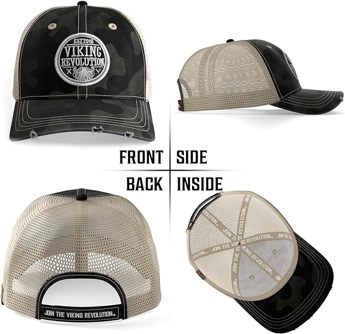 Collage of the Trucker Hat for Men Baseball Cap - Camouflage, displaying front, side, back, and inside views. This fashionable hat combines a rugged look with everyday practicality.