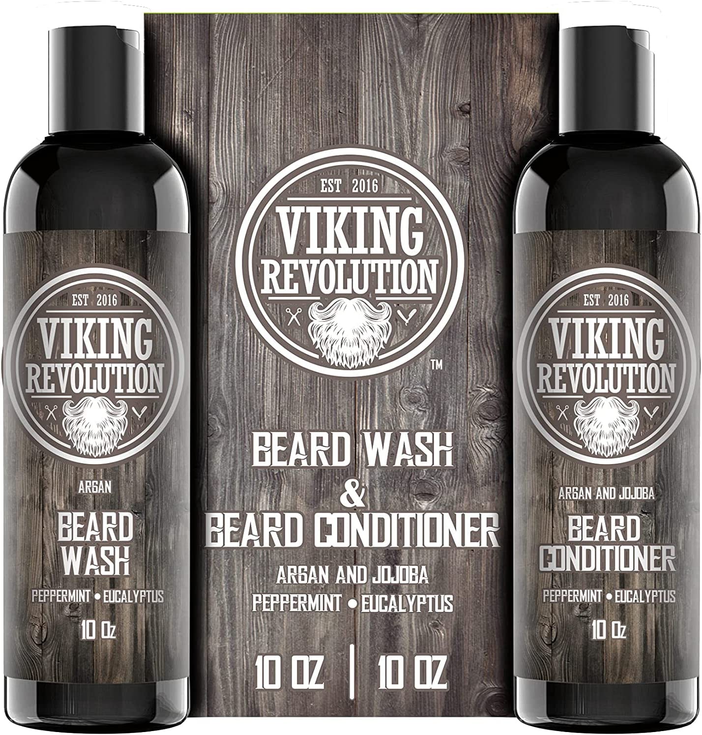 Two Viking Revolution 10oz beard wash/conditioner on a wooden background.
