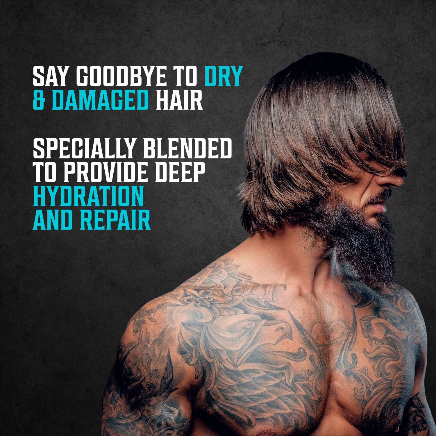 Man with tattoos and long hair. Text: Transform dry, damaged hair with our Hydrating Hair Oil for Men, offering deep hydration and repair.