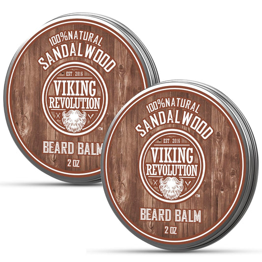 The Sandalwood Beard Balm - 2 Pack offers a rich sandalwood scent and organic Argan Oil, with a rustic wood design on the labels, making it a perfect addition to your beard care routine.