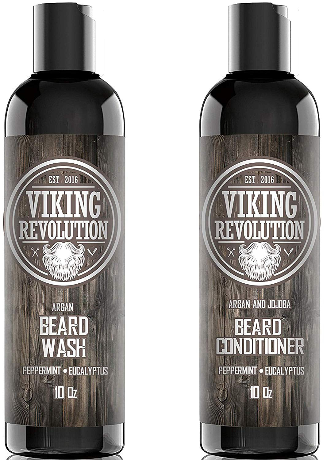 Two bottles: Peppermint & Eucalyptus Beard Wash & Conditioner Set, 10 oz, wood-style labels.