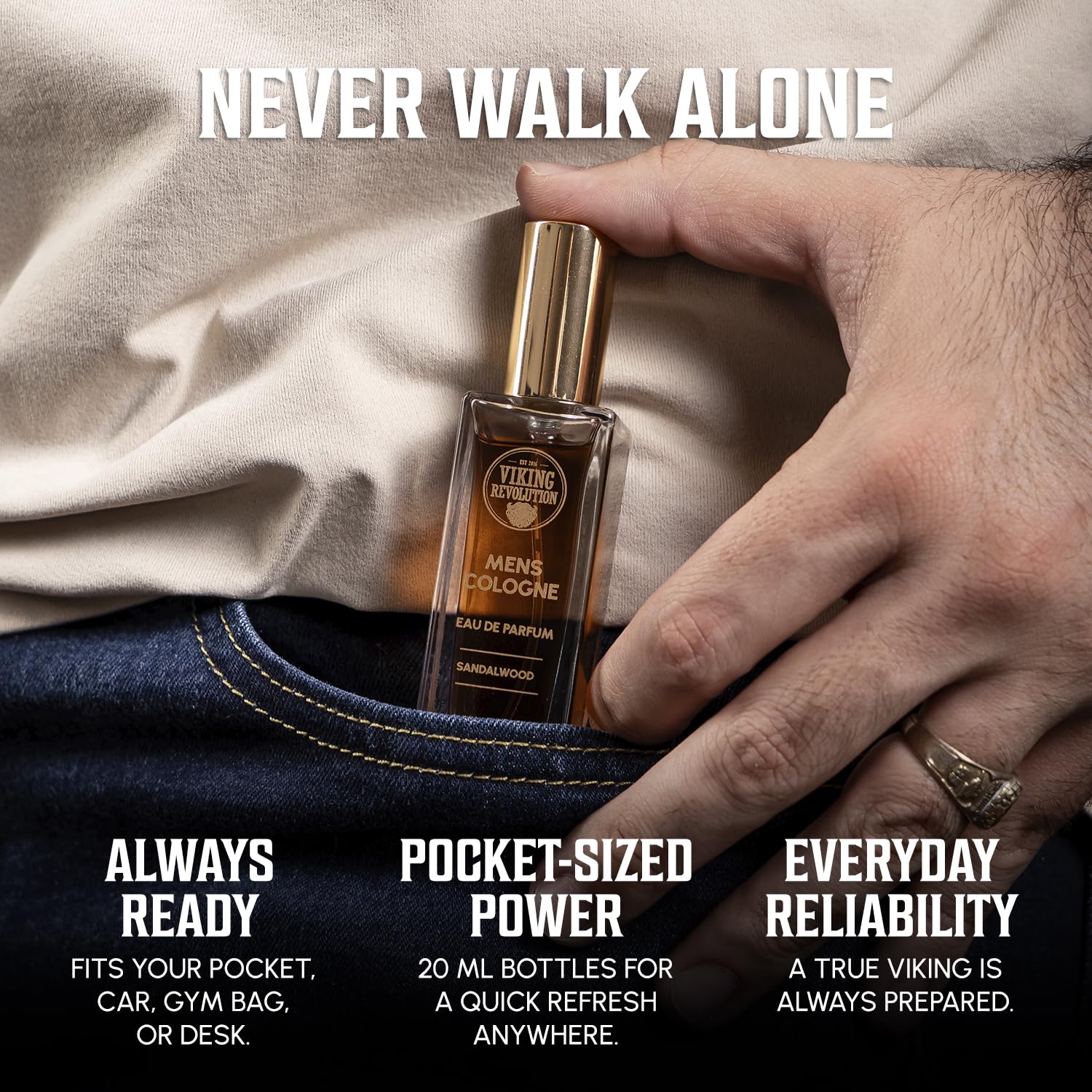 A hand slips the Travel Size Cologne for Men (4-Pack) into a pocket—portable, reliable scents to go.