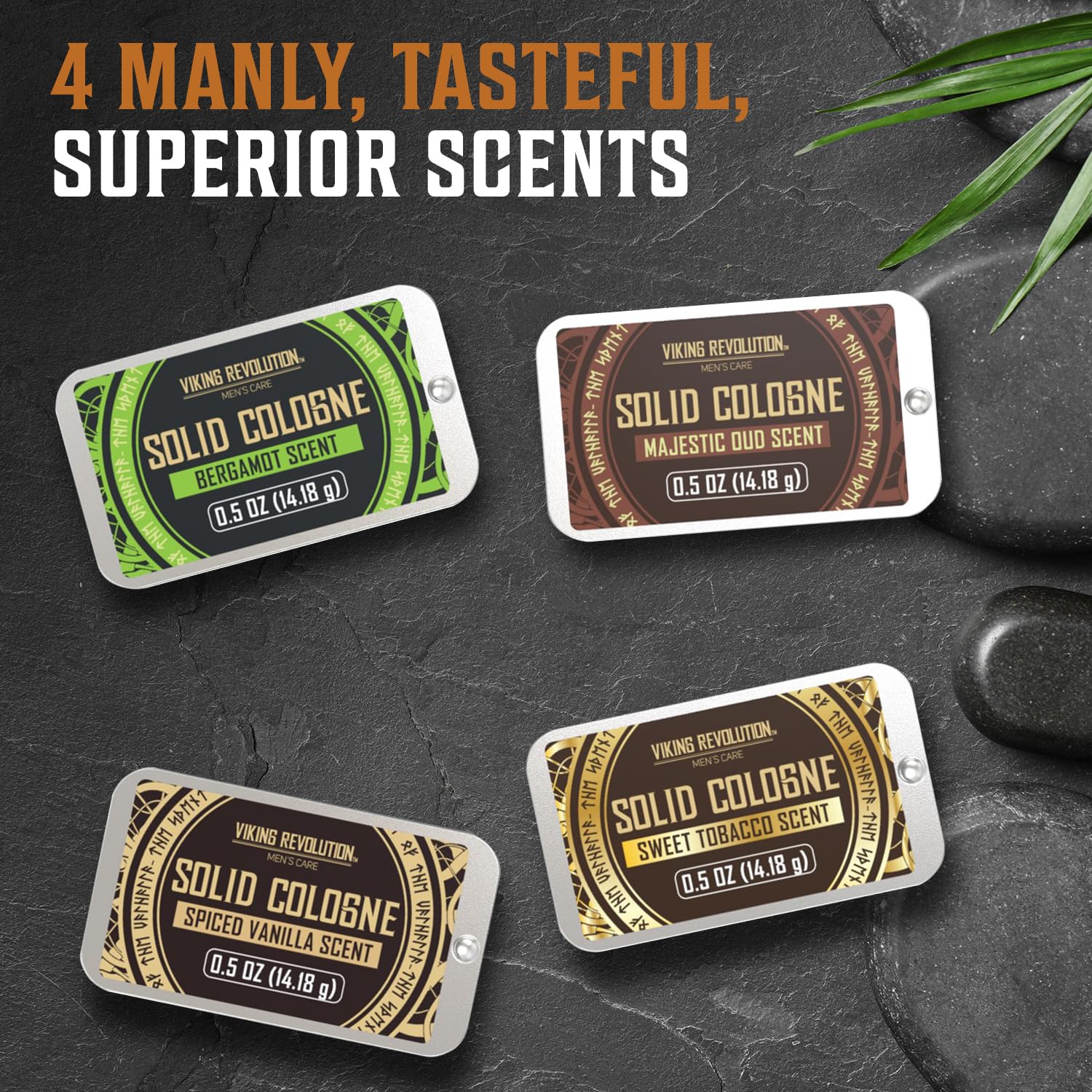 Solid Cologne 4pk - Spiced Vanilla, Sweet Tobacco, Majestic Oud, Bergamot on dark background with green leaves.