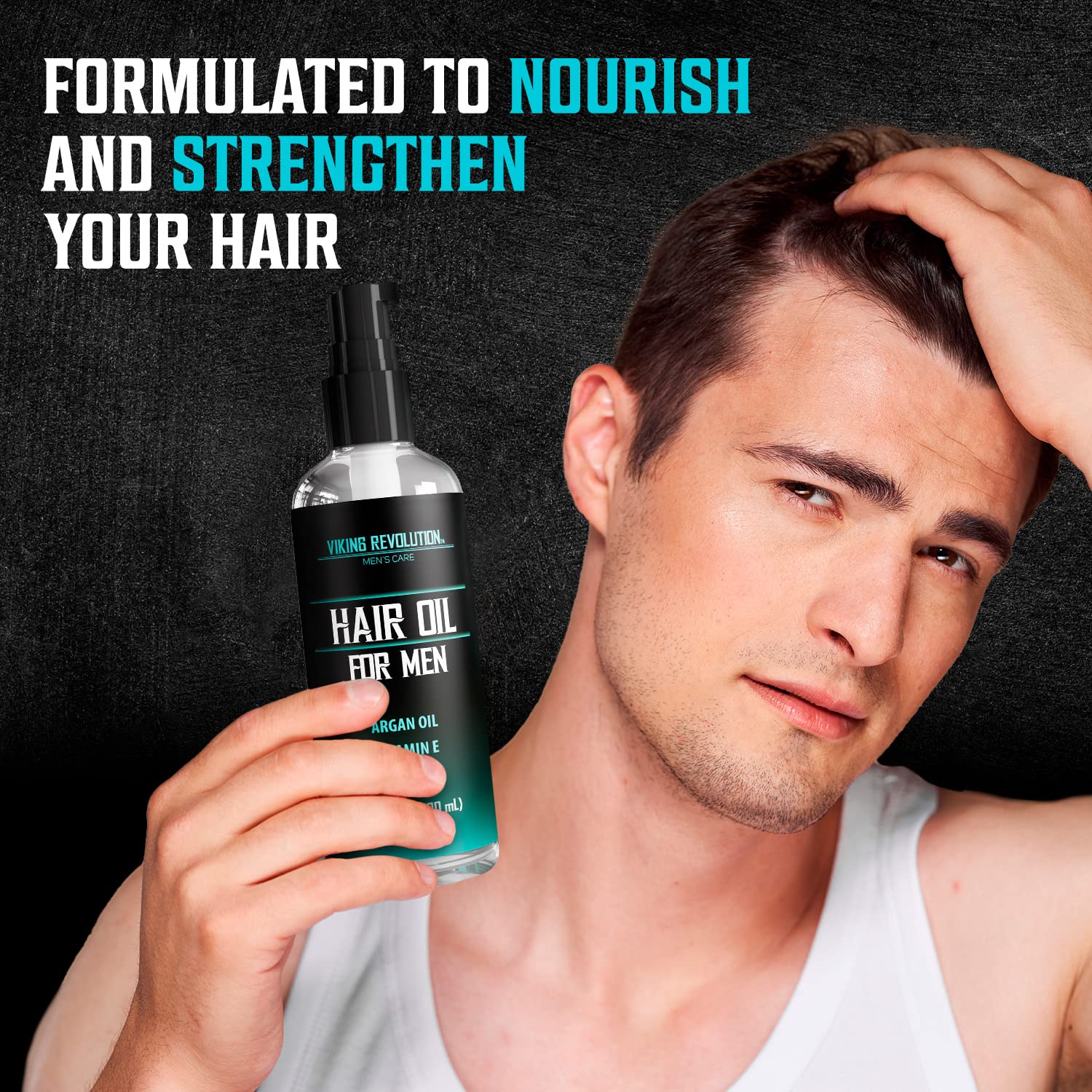 Man holding a Hydrating Hair Oil for Men bottle, text reads: This product is formulated to nourish and strengthen your hair.