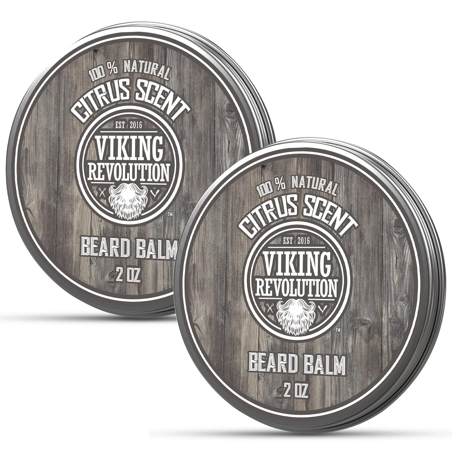 Two tins of Citrus Beard Balm - 2 Pack for ultimate beard grooming on a wooden background.