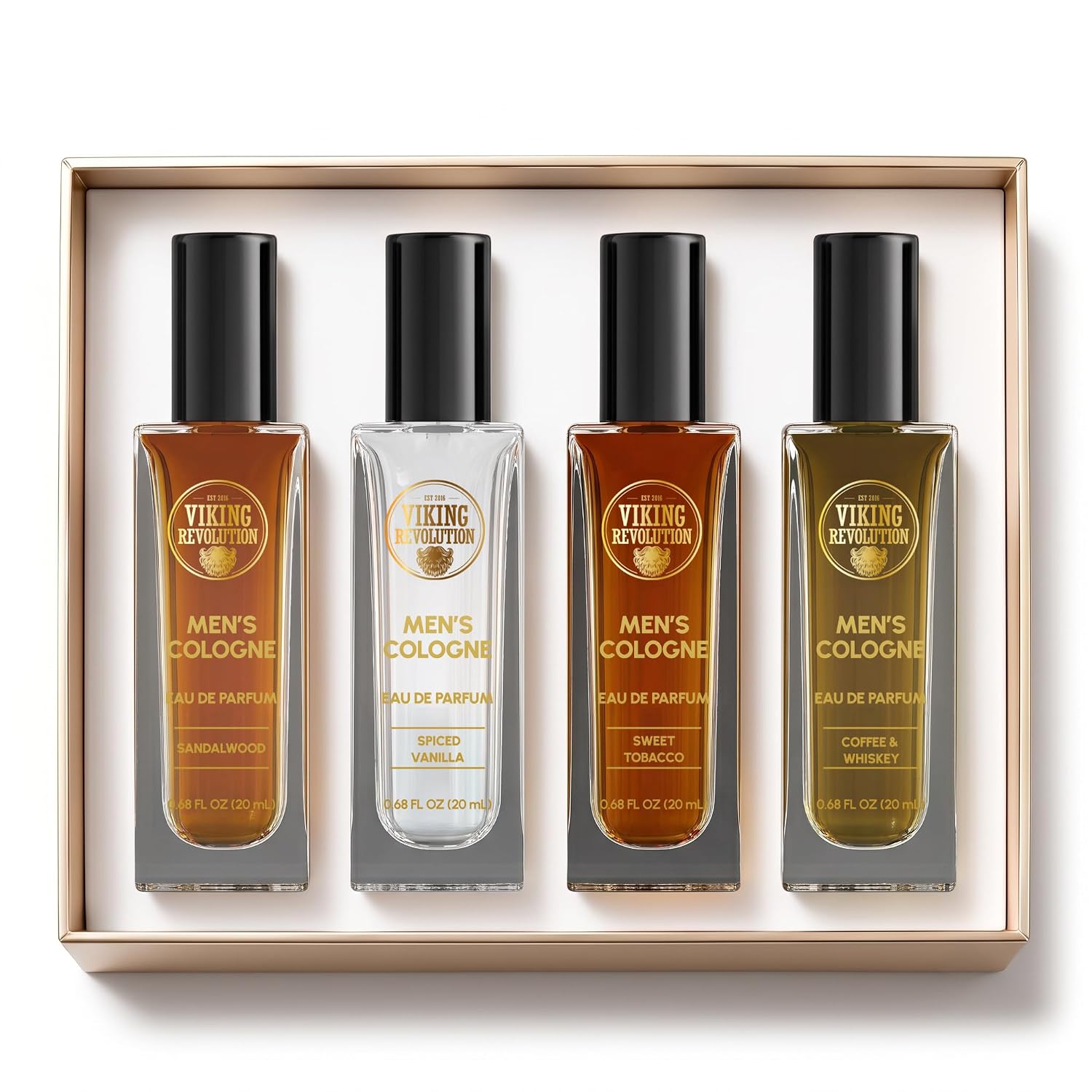 Travel Size Cologne for Men Gift Set: Sandalwood, Spiced Vanilla, Coffee & Whiskey, Sweet Tobacco.