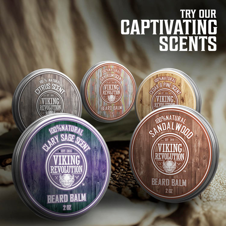 Viking Revolution Citrus Beard Balm with all-natural ingredients in five scented tins showcased.