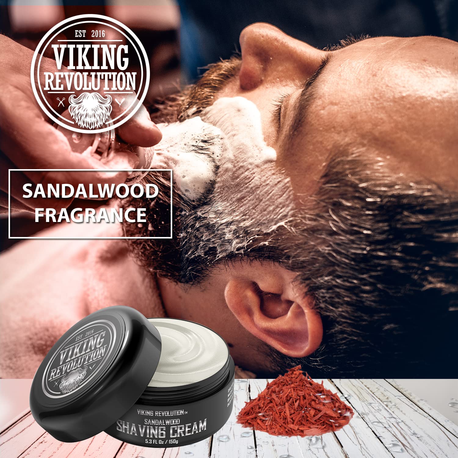 Using Viking Revolution's Sandalwood Shaving Cream 5.3oz, a bearded man indulges in a smooth shave, enriched with natural sandalwood oils and ideal for sensitive skin.