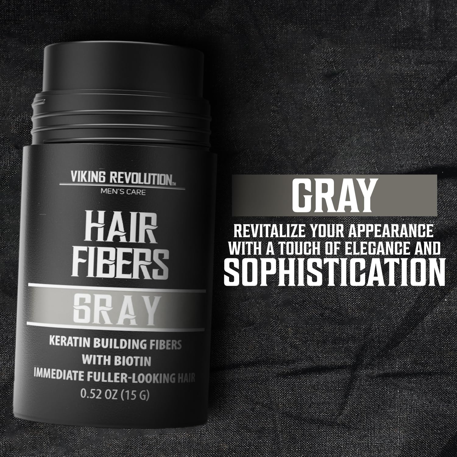 Gray Hair Fibers for Thinning Hair, enriched with natural keratin, showcased on a black fabric background, offer elegant revitalization.