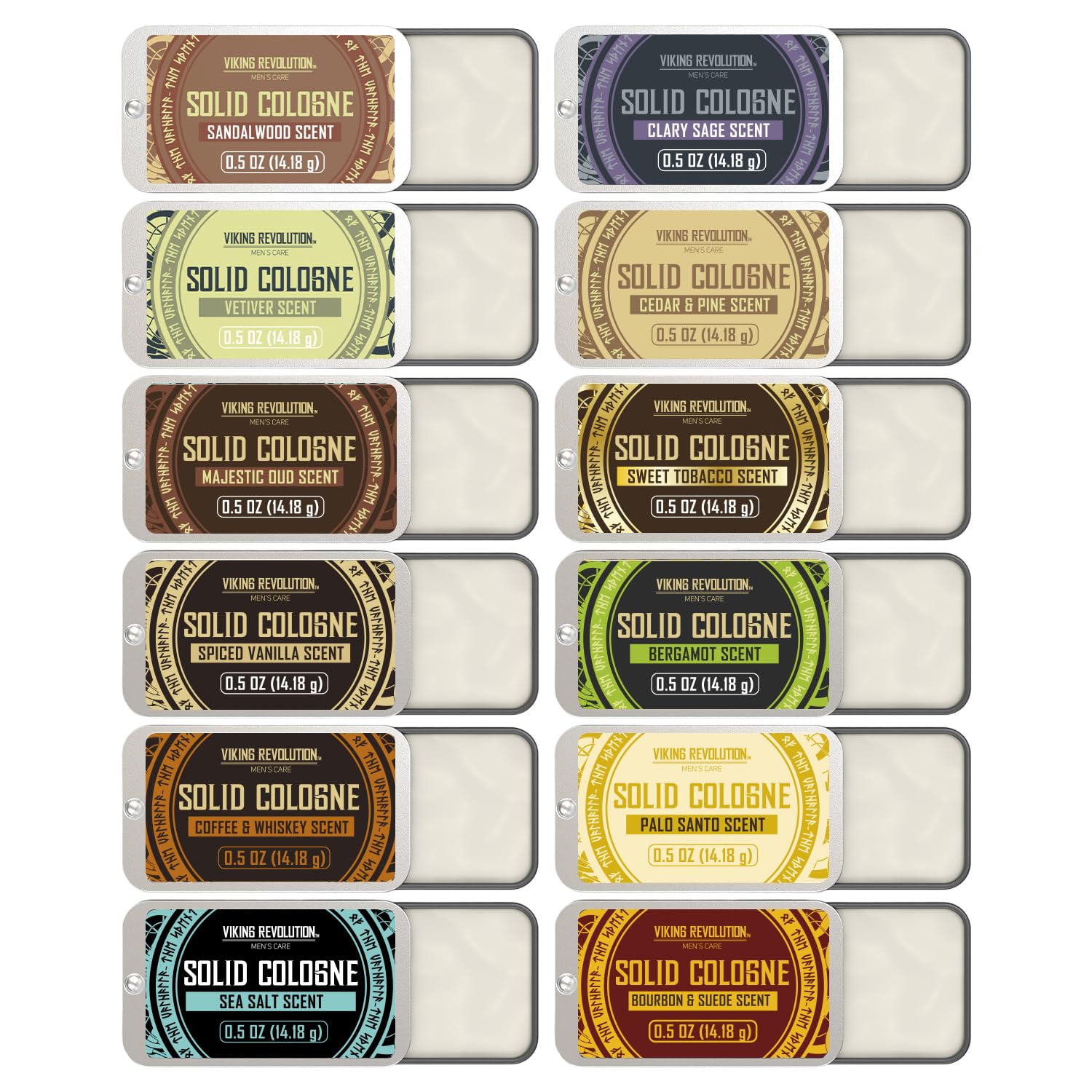 Twelve travel-size solid colognes for men in assorted scents: Sandalwood, Vetiver, and more.