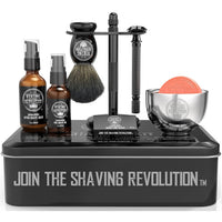 Luxury Safety Razor Shaving Kit: razor, brush, bowl, soap, balm, oil & stand in black tin box.