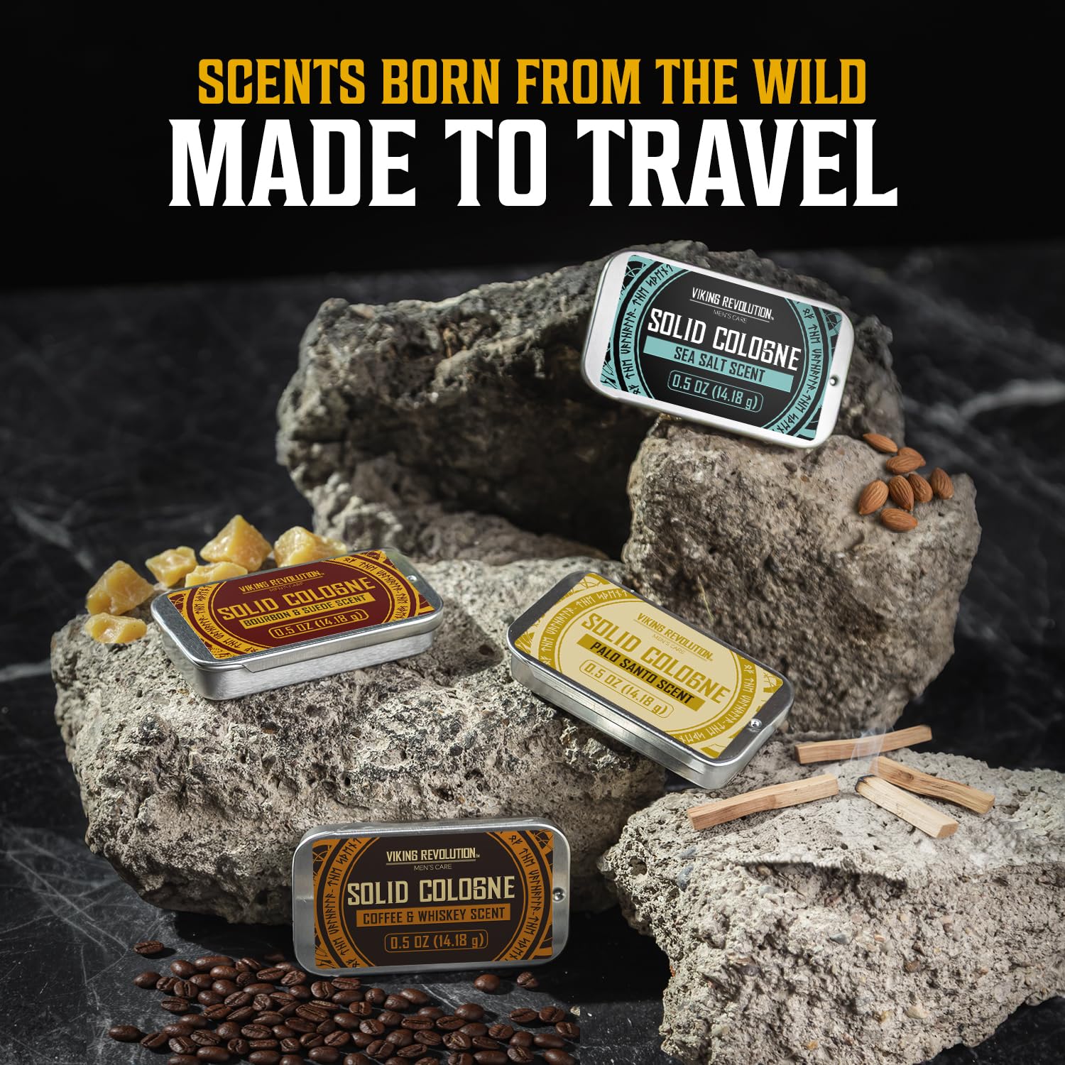 Four tins of Viking Revolution Solid Cologne for Men: Coffee & Whiskey, Palo Santo, Sea Salt, Bourbon & Suede.