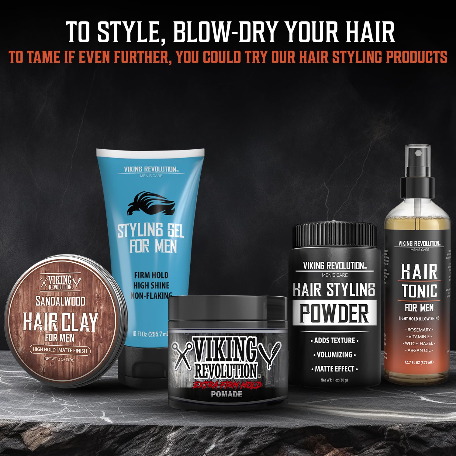 Viking Revolution Hair Tonic Men (12.7 Oz) displayed on a dark surface with other styling products.
