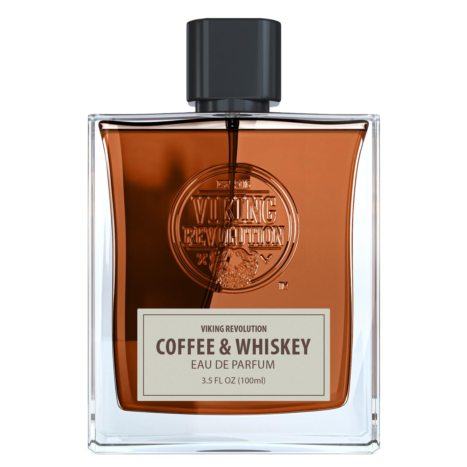 A 3.5 fl oz bottle of Coffee & Whiskey Perfume, a bold men’s fragrance by Viking Revolution.