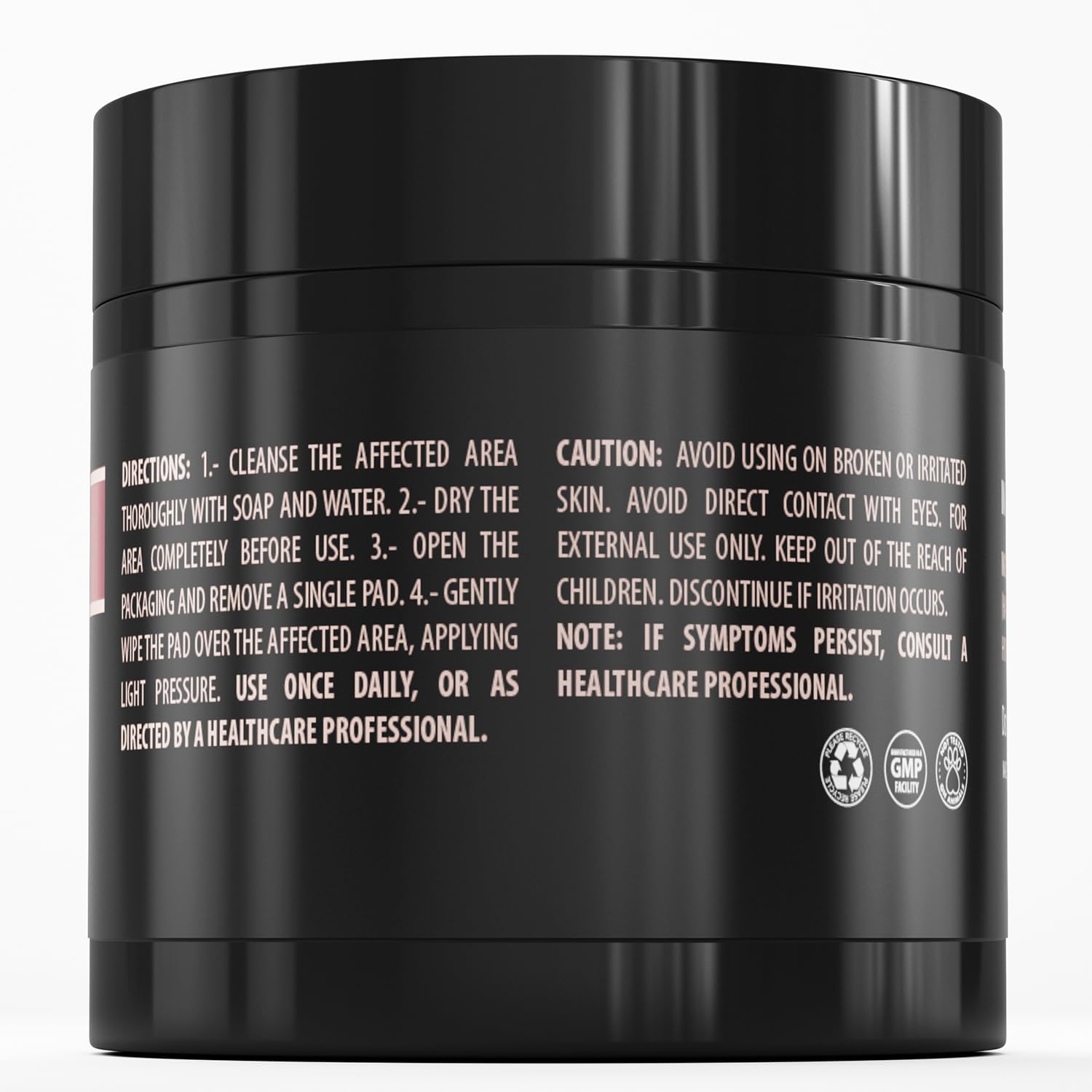 Black jar with beige and pink label for Ingrown Hair Pads; includes instructions and cautions.